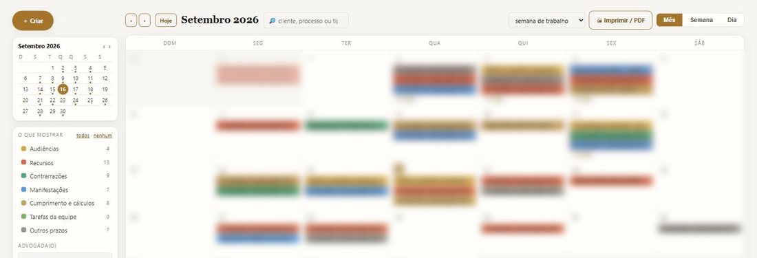 Agenda mensal do Rostra, com prazos, audiências e tarefas coloridos por tipo, e o contador de cada tipo na lateral.