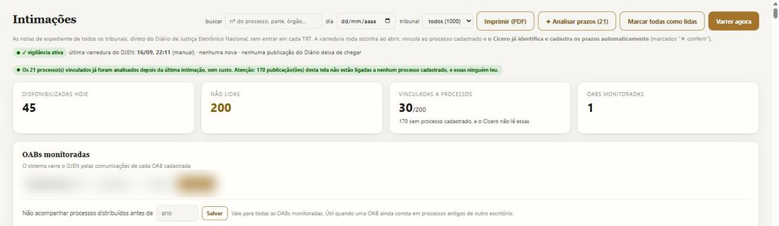 Tela de Intimações do Rostra, com o total de publicações disponibilizadas no dia, as não lidas e as já vinculadas a processos.